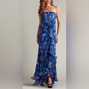 TADASHI SHOIJ MORWENNA OCEANIC PRINT RUFFLE GOWN CFM24386L-MYSTC  NWT